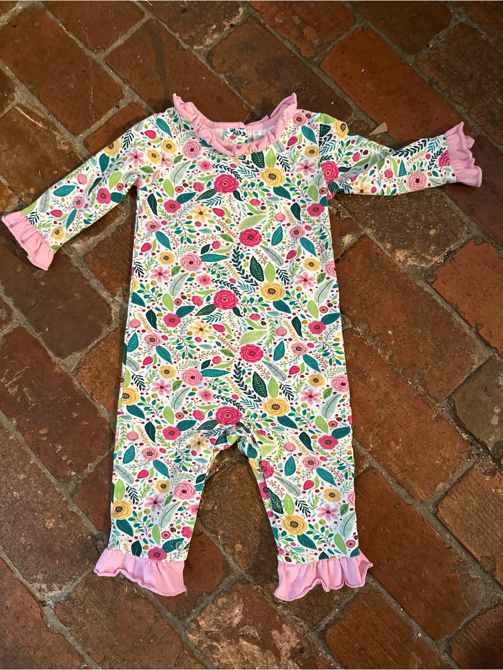 Stitchy Fish Baby Girl Floral One-Piece Romper with Pink Ruffle Trim, Size 12 Mo